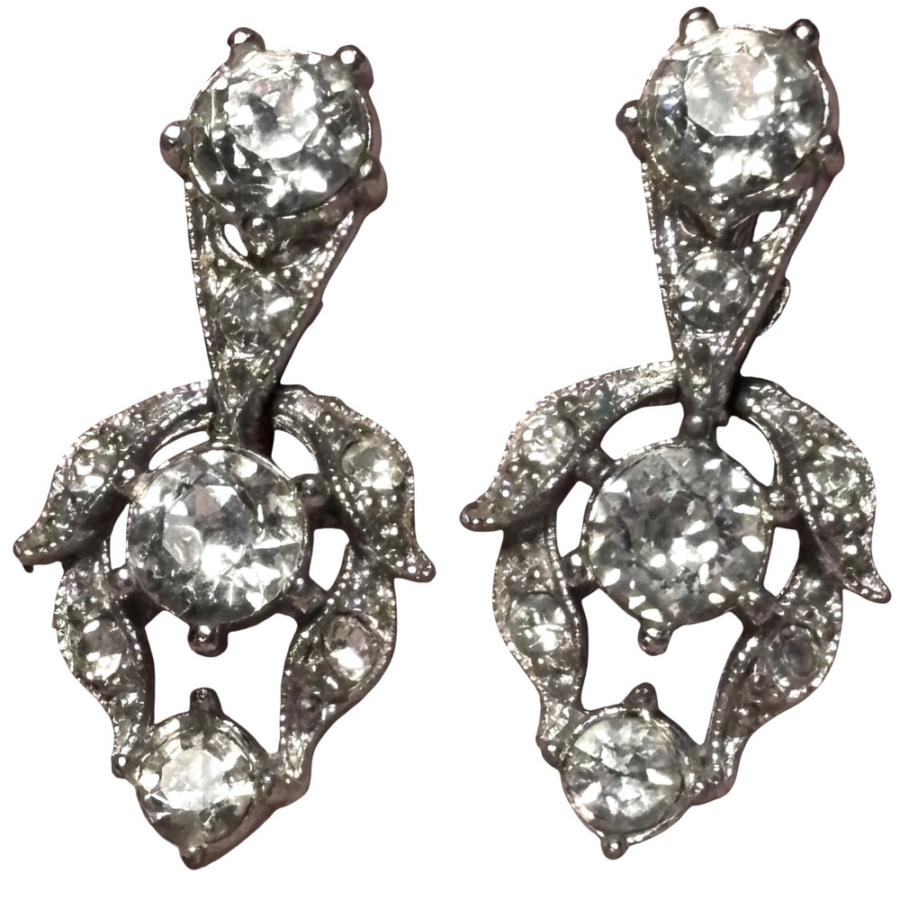 Bogoff Vintage Art Deco Rhinestone Drop Earrings Silver Tone Screw Back 1950s
